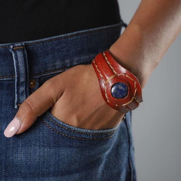 Genuine Leather Cuff Bracelet with Lapis Lazuli (7.20 in) - Picture 3 of 6